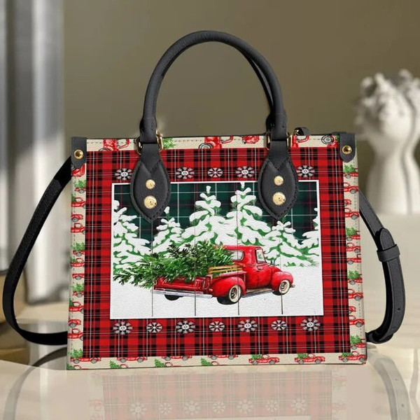 Red Truck Merry Christmas Leather Bag hand bag,Woman Purse,Christmas Lover's Handbag,Custom Leather Bag,Personalized Bag,Christmas Gifts.jpg