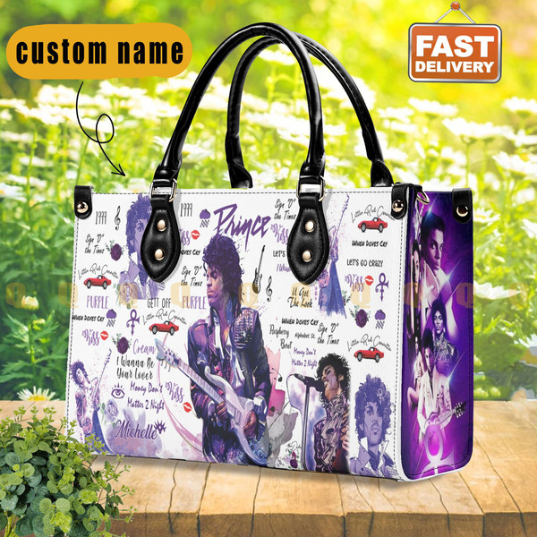 Prince Singer Leather Handbag, Watercolor Art - Prince Purple Women Bag, Personalized Leather BagPurseTote Bag, Custom Prince Shoulder Bag 2.jpg