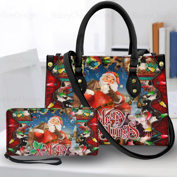 Christmas Santa Claus Leather Bag & Wallet, Santa Claus Women Shoulder Bag, Santa Handbag, Santa Lover Gift, Custom Handbag, Christmas Bag.jpg
