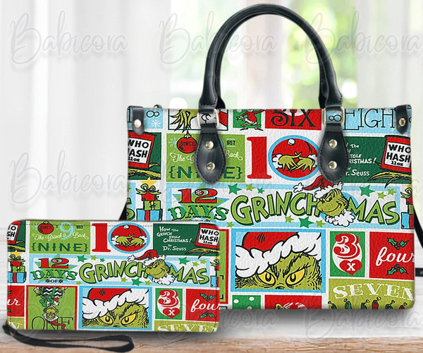 Grinch Christmas Leather Bag & Wallet, Grinchmas Women Shoulder Bag, Grinch Handbag, Grinch Lover Gift, Custom Handbag, Christmas Bag 65.jpg