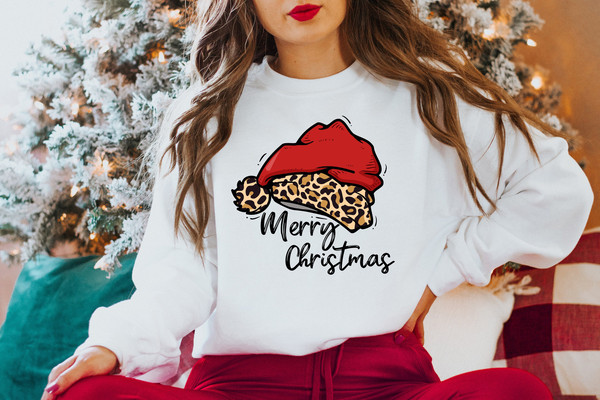 Leopard Santa Hat Merry Christmas Sweatshirt, Christmas Tshirt, Cheetah shirt, Christmas Sweatshirt, Christmas Family Sweat, Christmas Gift.jpg