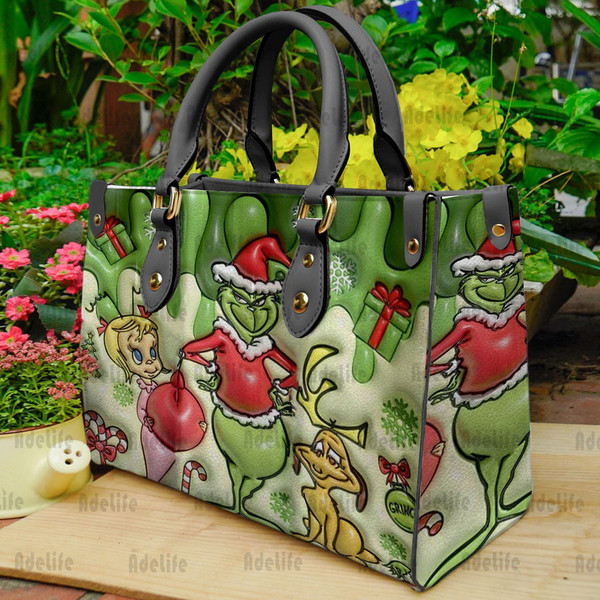 Personalized Grinch Christmas Leather Handbag,Grinch Lover Woman Bags Purses,Christmas Handbag,Custom Bag,The Grinch Handbag,Vintage Bag.jpg
