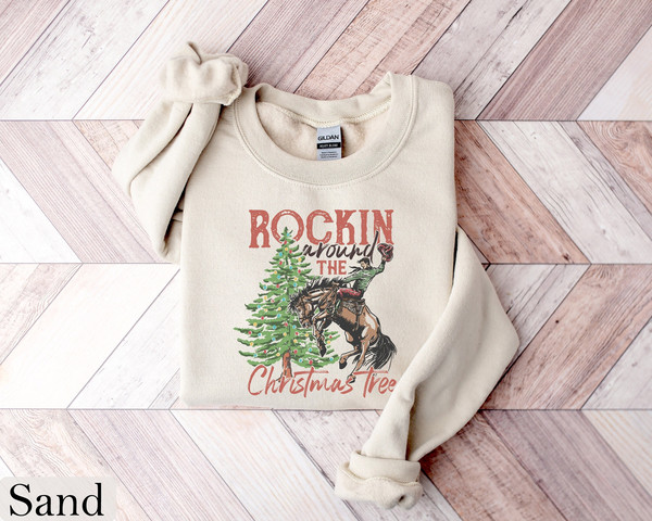 Rocking Around The Christmas Tree Sweatshirt, Women's Christmas Shirts, Retro Christmas Western Shirt,Cowboy Christmas Shirt,Holiday Sweater.jpg