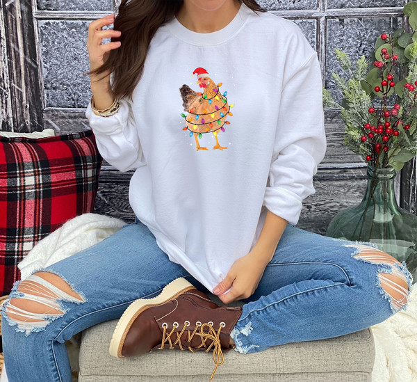 Chicken Christmas Tree Lights Sweatshirt, Merry Christmas Sweatshirt, Family Holiday Sweatshirt, Xmas Party Shirt, Winter Sweater.jpg