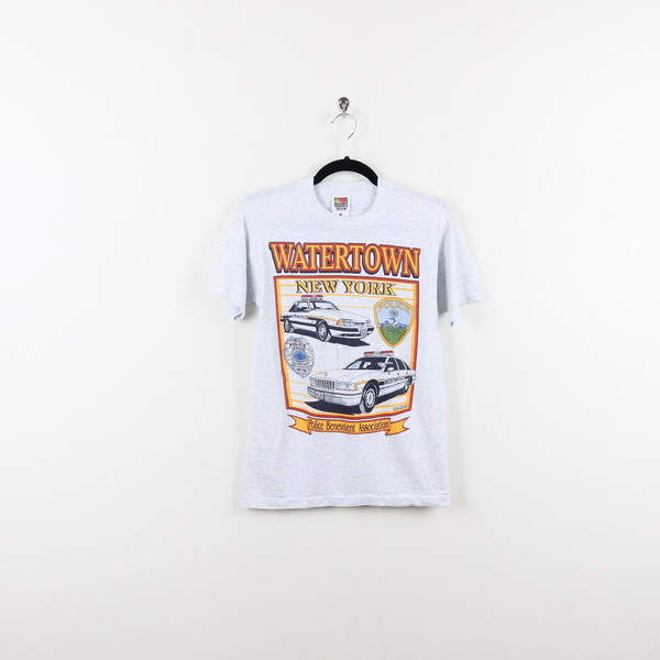 Vintage 90s Watertown New York NY Police Benevolent Association Graphic Print Tee Police Car Mobile Single Stitch Military TShirt Size Small.jpg