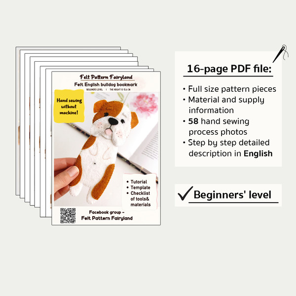 Information about felt kids English bulldog breed bookmark PDF tutorial with pattern