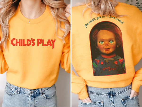 Chucky Doll Sweatshirt, Unisex Front & Back Child's Play Crewneck Sweatshirt, Vintage 80s Horror Movie Streetwear Apparel Memorabilia.jpg