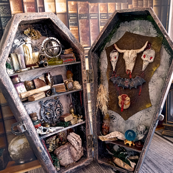 Miniature coffin, Potion Closet, BookShelf Box, Diorama,Creepy decor, Horror, Dark Art, Halloween, Gothic Roombox (11).jpg
