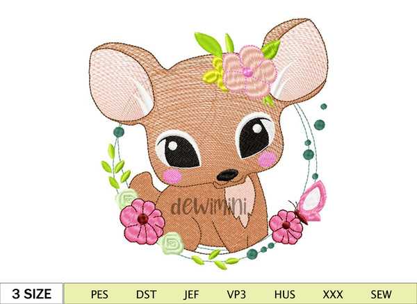 Cute Deer Girl embroidery design, animal embroidery design machine, baby embroidery pattern,  Florest embroidery file, 5 Sizes.jpg