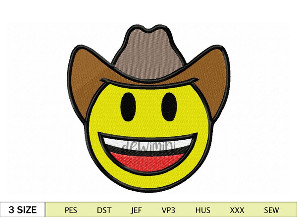 Emoji emoticon coboy embroidery design, Happy face machine embroidery file, Machine Embroidery Design, 4 Sizes.jpg