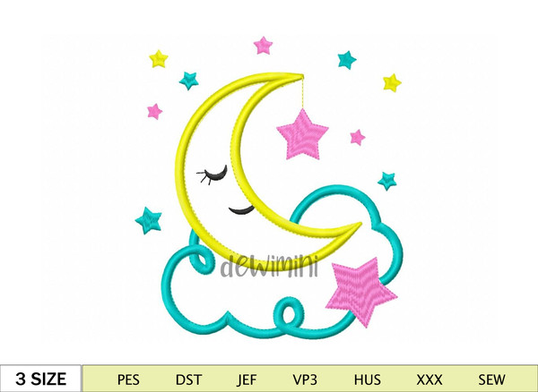 moon, clouds and stars Embroidery Design, Moon and Stars Applique Embroidery Design, baby cloud hanging star, 5 Sizes.jpg