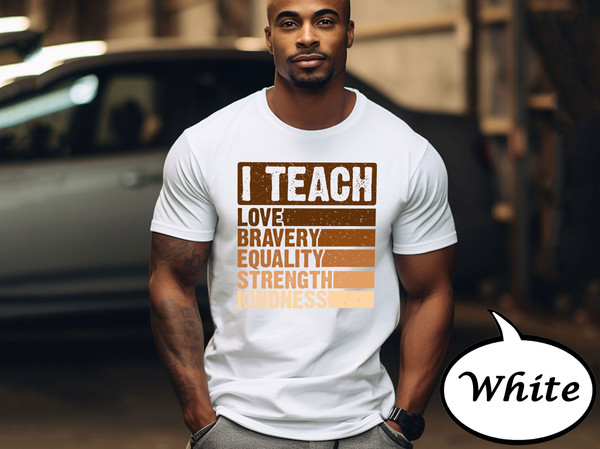 I Teach Love Bravery Equality Strength Kindness Shirt, Teacher T-Shirt, Melanin Teacher Sweatshirt, Black History Month Sweater, Black Shirt.jpg