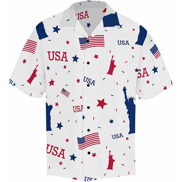4th Of July Patriotic American Flags Aloha Hawaiian Beach Summer Graphic Prints Button Up Shirt.jpg