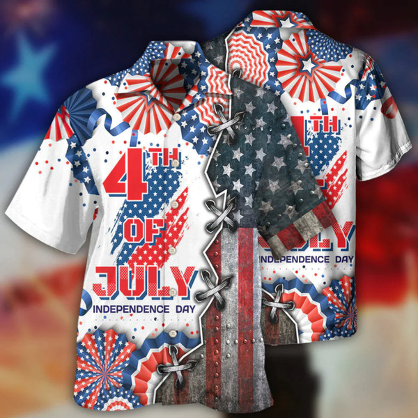 4th Of July Patriotic American Flags Pattern Aloha Hawaiian Beach Summer Graphic Prints Button Up Shirt.jpg