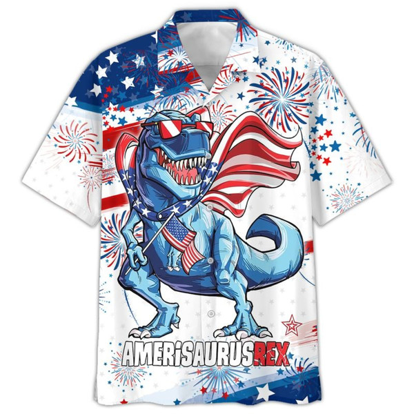 Amerisaurusrex 4th Of July Patriotic American Flags Aloha Hawaiian Beach Summer Graphic Prints Button Up Shirt.jpg