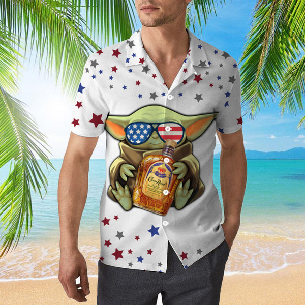 Baby Yoda 4th Of July Patriotic American Flags Aloha Hawaiian Beach Summer Graphic Prints Button Up Shirt.jpg