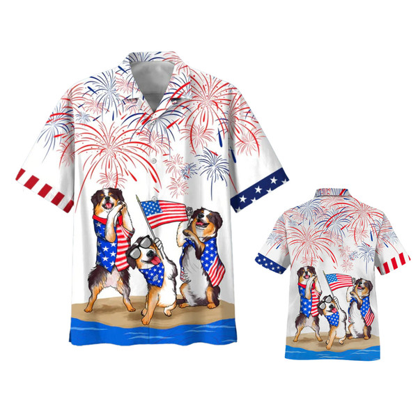 Bernese Mountain Dogs 4th Of July Patriotic American Flags Aloha Hawaiian Beach Summer Graphic Prints Button Up Shirt.jpg
