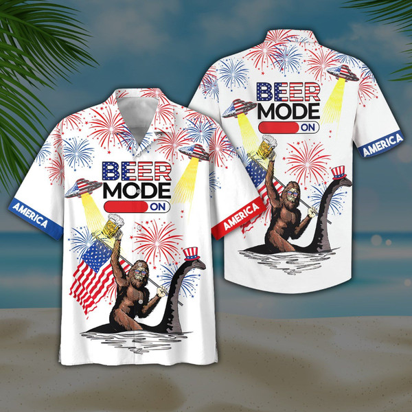 Bigfoot Beer Mode On 4th Of July Patriotic American Flags Aloha Hawaiian Beach Summer Graphic Prints Button Up Shirt.jpg