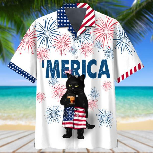 Black Cat 4th Of July Patriotic American Flags Aloha Hawaiian Beach Summer Graphic Prints Button Up Shirt.jpg