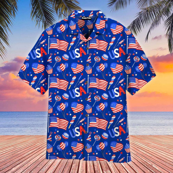 Blue 4th Of July Patriotic American Flags Aloha Hawaiian Beach Summer Graphic Prints Button Up Shirt.jpg