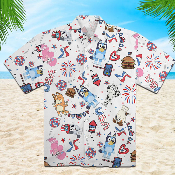Bluey 4th Of July Patriotic American Flags Aloha Hawaiian Beach Summer Graphic Prints Button Up Shirt.jpg