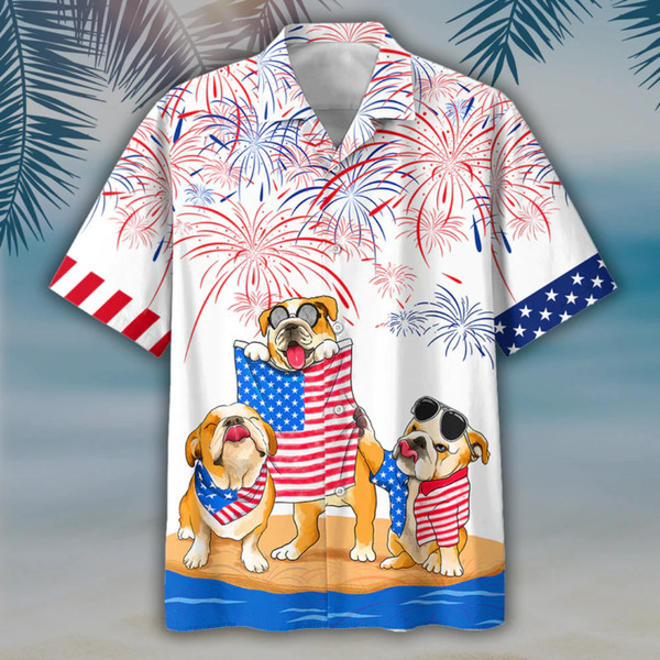 Bulldog 4th Of July Patriotic American Flags Aloha Hawaiian Beach Summer Graphic Prints Button Up Shirt.jpg
