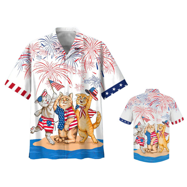 Cats 4th Of July Patriotic American Flags Aloha Hawaiian Beach Summer Graphic Prints Button Up Shirt.jpg