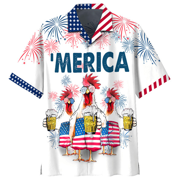 Chicken Beer Merica 4th Of July Patriotic American Flags Aloha Hawaiian Beach Summer Graphic Prints Button Up Shirt.jpg