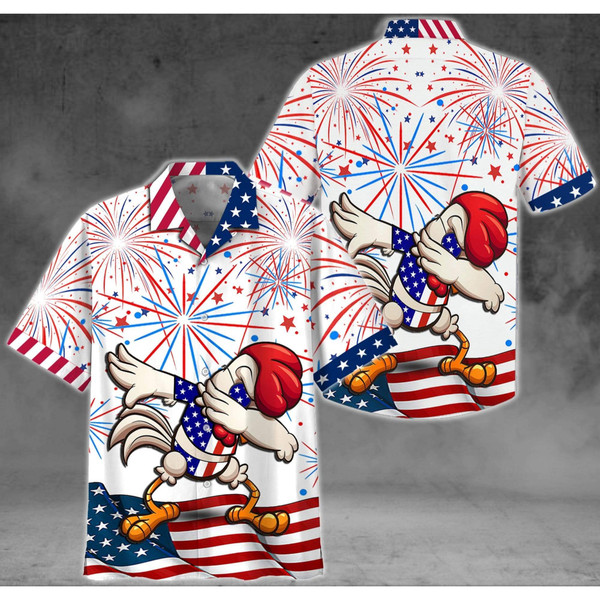 Chicken Dabbing 4th Of July Patriotic American Flags Aloha Hawaiian Beach Summer Graphic Prints Button Up Shirt.jpg