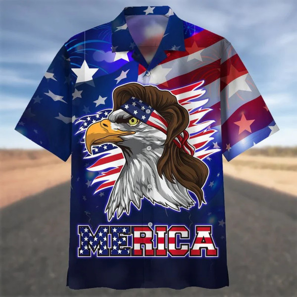 Cool Eagle Blue 4th Of July Patriotic American Flags Aloha Hawaiian Beach Summer Graphic Prints Button Up Shirt.jpg