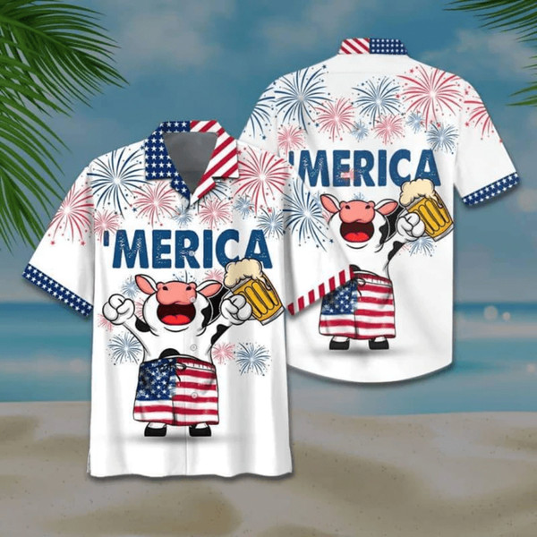 Cow And Beer 4th Of July Patriotic American Flags Aloha Hawaiian Beach Summer Graphic Prints Button Up Shirt.jpg