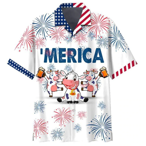 Cows And Beer 4th Of July Patriotic American Flags Aloha Hawaiian Beach Summer Graphic Prints Button Up Shirt.jpg