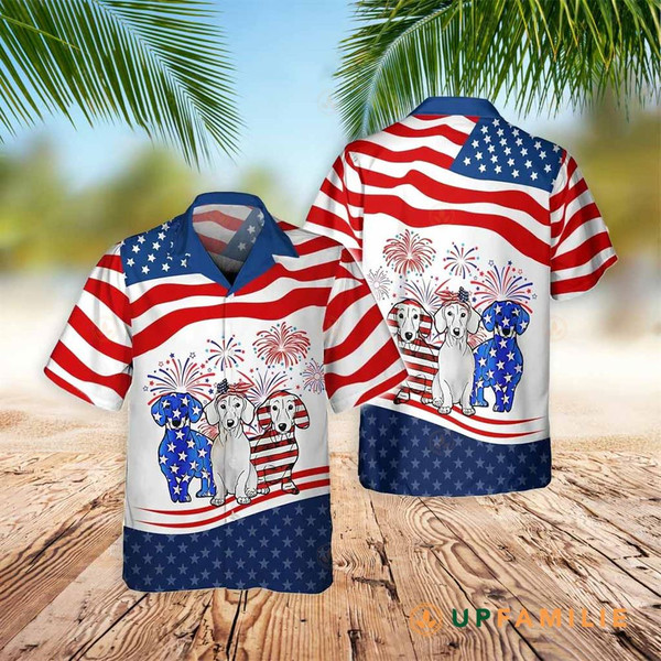 Dachshund 4th Of July Patriotic American Flags Aloha Hawaiian Beach Summer Graphic Prints Button Up Shirt.jpg