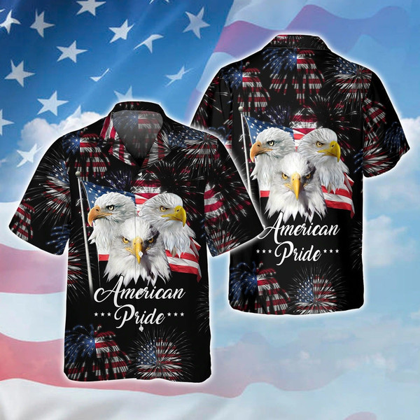 Eagle American Pride 4th Of July Patriotic American Flags Aloha Hawaiian Beach Summer Graphic Prints Button Up Shirt.jpg