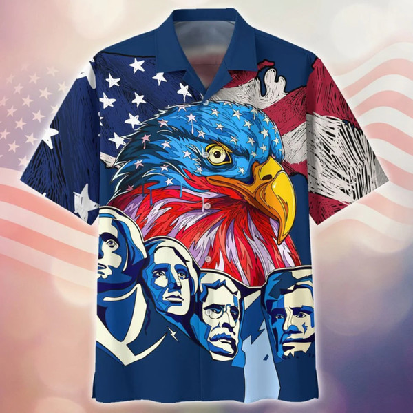 Eagle Presidents 4th Of July Patriotic American Flags Aloha Hawaiian Beach Summer Graphic Prints Button Up Shirt.jpg