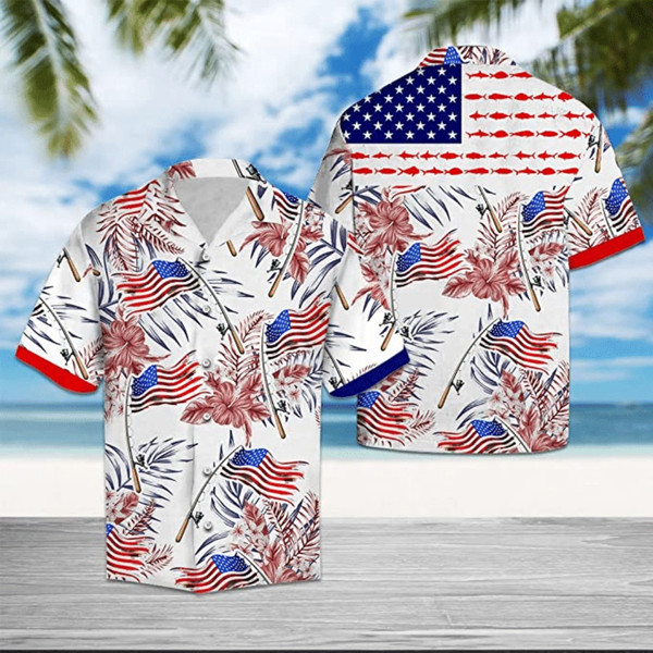 Fishing Flag 4th Of July Patriotic American Flags Aloha Hawaiian Beach Summer Graphic Prints Button Up Shirt.jpg