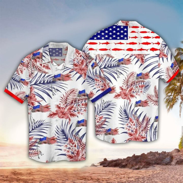 Fishing Hibiscus 4th Of July Patriotic American Flags Aloha Hawaiian Beach Summer Graphic Prints Button Up Shirt.jpg