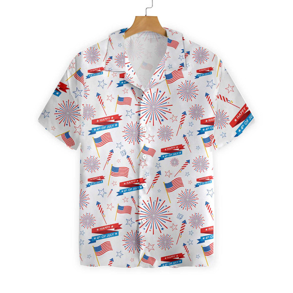 Flag And Firework Pattern 4th Of July Patriotic American Flags Aloha Hawaiian Beach Summer Graphic Prints Button Up Shirt.jpg