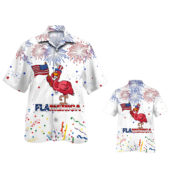 Flamerica 4th Of July Patriotic American Flags Aloha Hawaiian Beach Summer Graphic Prints Button Up Shirt.jpg