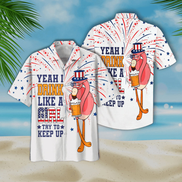 Flamingo 4th Of July Patriotic American Flags Aloha Hawaiian Beach Summer Graphic Prints Button Up Shirt.jpg
