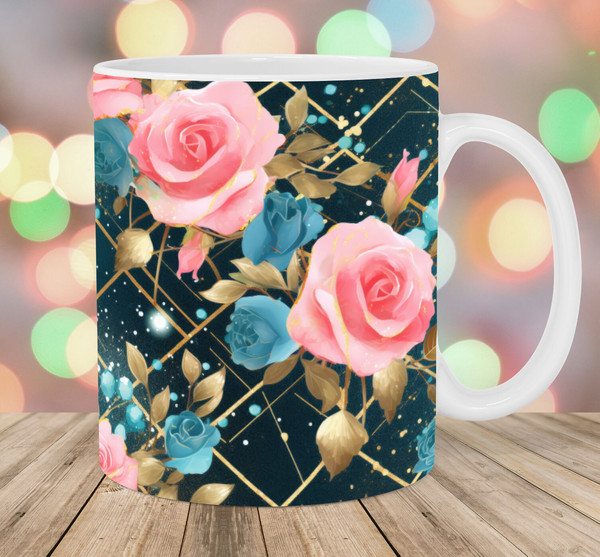 Floral mug sublimation design 15 oz Glitter full wrap design