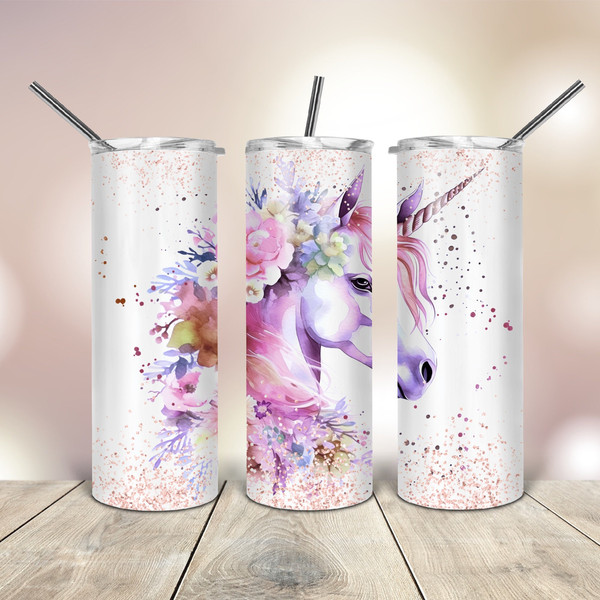 20 Oz skinny Tumbler Unicorn Pink Purple and Glitter wrap tapered straight template digital download sublimation graphics  instant download.jpg