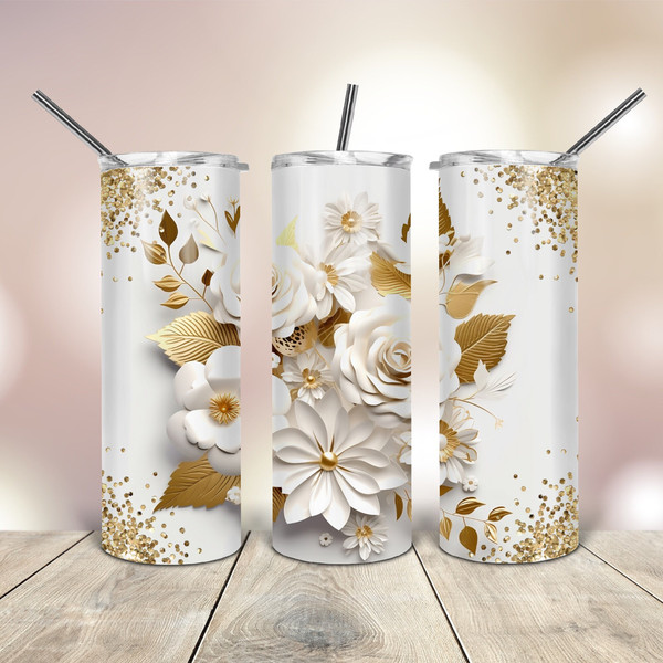 3D White Gold Rose 20 Oz skinny Tumbler wrap tapered straight template digital download sublimation graphics  instant download  sublimation.jpg