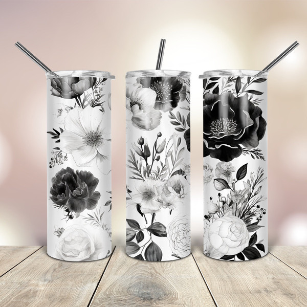 Black and white flowers Tumbler wrap Png 20 Oz skinny tapered straight template digital download sublimation graphics  instant download.jpg