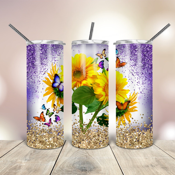 Sunflower Butterfly 20 Oz skinny Tumbler wrap tapered straight template digital download sublimation graphics  instant download  sublimation.jpg