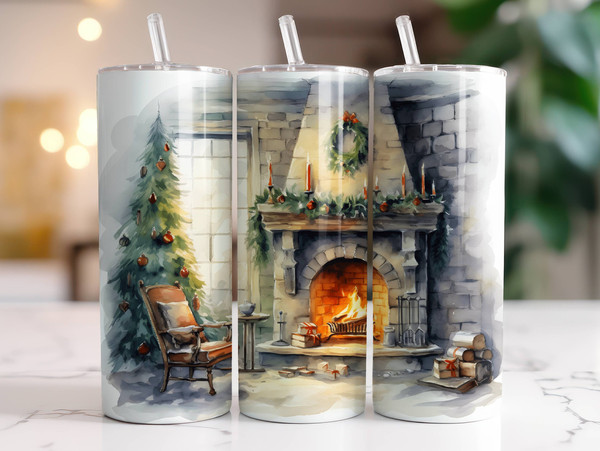 Christmas Fireplace Tumbler Wrap PNG 20 oz Skinny Tumbler Sublimation Design Digital Download Instant Digital Only, Holiday Tumbler Design.jpg