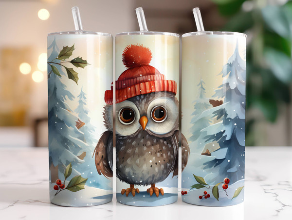 Christmas Owl Tumbler Wrap PNG 20 oz Skinny Tumbler Sublimation Design Digital Download Instant Digital Only, Holiday Winter Tumbler Wrap.jpg