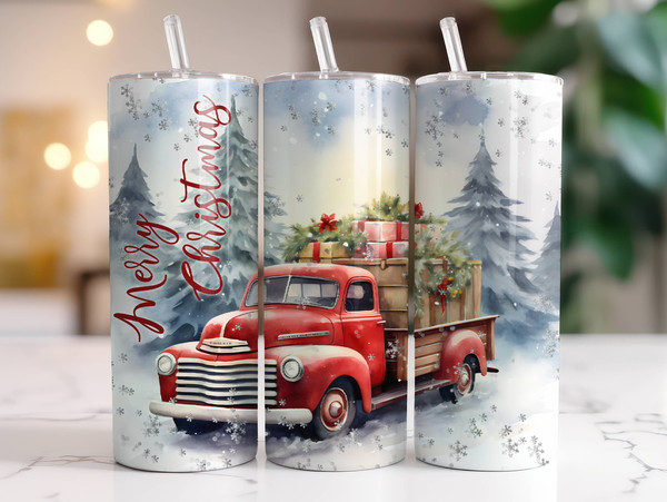 Merry Christmas Tumbler Wrap PNG, 20 oz Skinny Tumbler Sublimation Design Instant Digital Download Only, Christmas Red Truck Tumbler Wrap.jpg