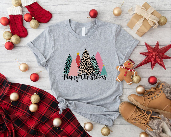 Ladies Merry Christmas Shirt, Merry Christmas Pink Christmas Trees T-Shirt, Leopard Print Christmas Tree Shirt, Xmas Tree Tee, Christmas Tee.jpg