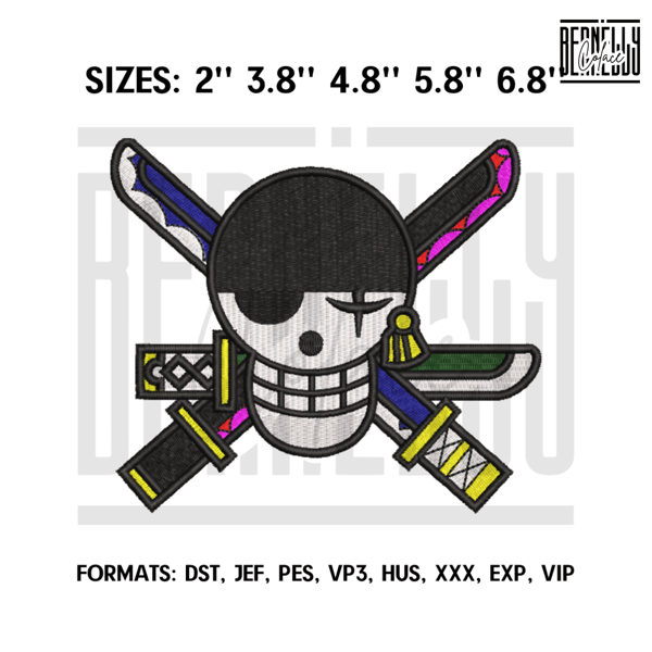 Zoro Skull  Embroidery Design Pes File, One Piece Anime Embroidery Design, Machine Design Pes. Swoosh Roronoa Zoro.png